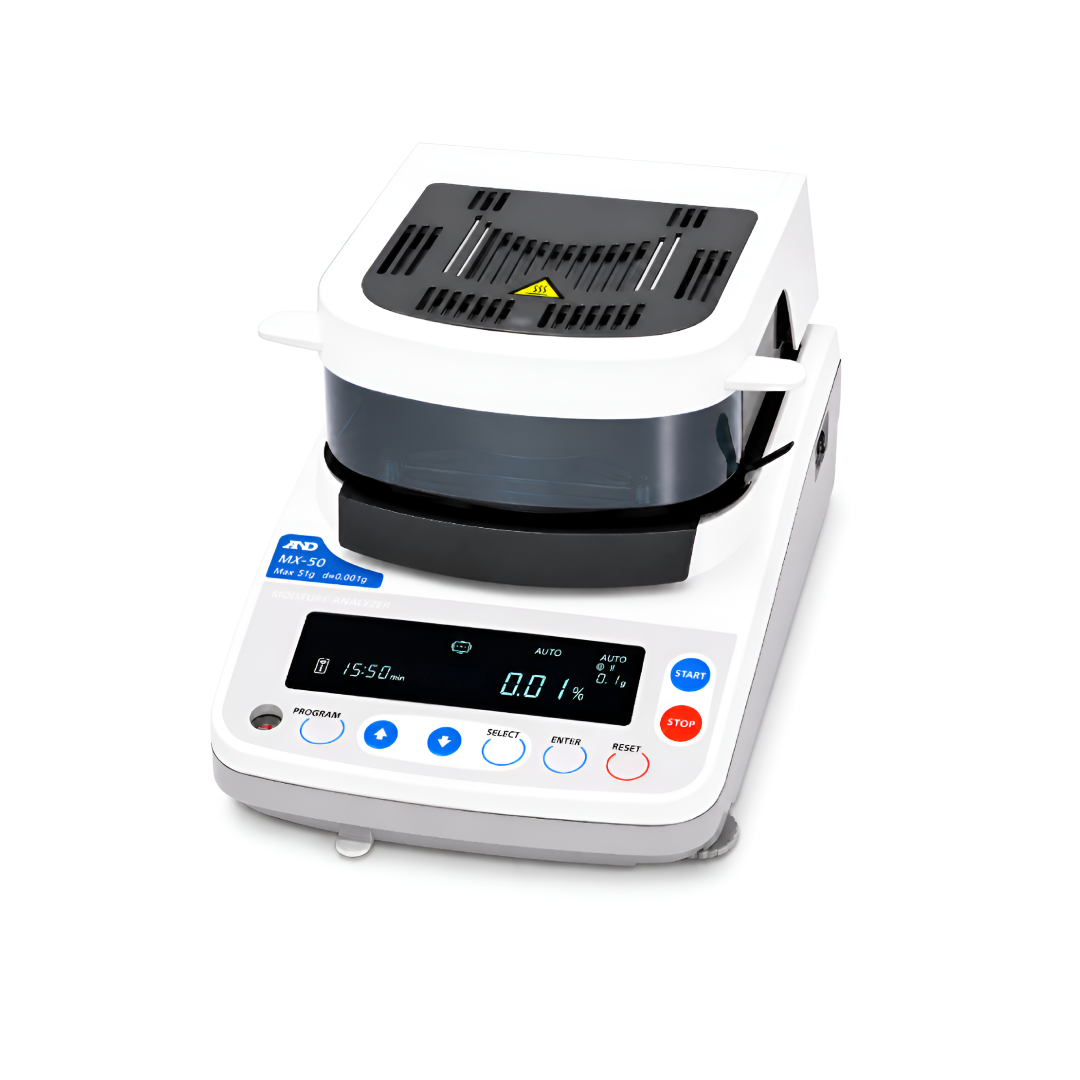 MX 50 Analizadora de humedad AND Weighing serie MS / MX / MF / ML con diseño compacto y panel intuitivo, ideal para laboratorio e industria alimentaria.