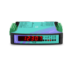 Transmisor de peso Laumas TLB, compacto y vertical, con pantalla LED roja y montaje en panel industrial.