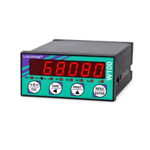 Indicador de peso Laumas W100 para montaje en panel con pantalla LED y comunicación RS232/RS485.