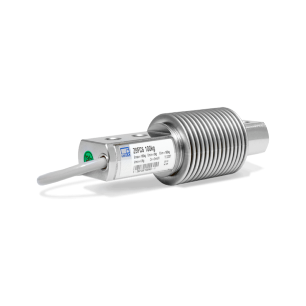 Celda de carga HBM Z6FC3 tipo viga de flexión en acero inoxidable, utilizada en plataformas de pesaje y sistemas de llenado industrial.