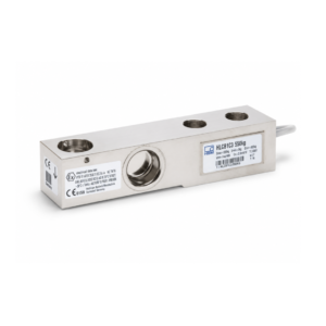 Célula de carga de acero inoxidable serie HBM HLC utilizada en sistemas de pesaje industrial.