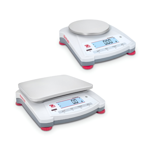 Balanzas portátiles Navigator Ohaus con bandeja rectangular o circular, ideal para el pesaje de rutina.