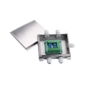 Caja sumadora Keli G03-4-S de 4 canales para conexión de celdas de carga en sistemas de pesaje industrial.