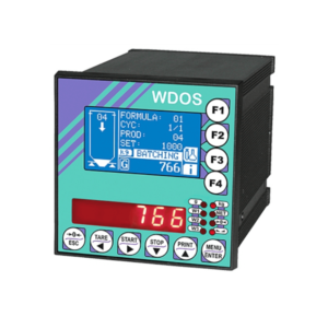 Transmisor de peso Laumas WDOS con pantalla LCD retroiluminada y teclas de membrana, ideal para aplicaciones industriales de pesaje y dosificación.