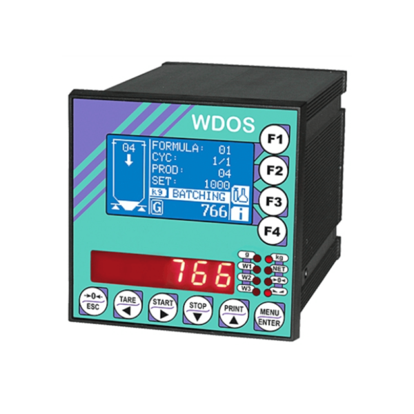 Transmisor de peso Laumas WDOS con pantalla LCD retroiluminada y teclas de membrana, ideal para aplicaciones industriales de pesaje y dosificación.