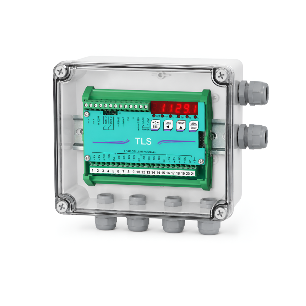 Transmisor de peso TLS en caja con riel DIN.